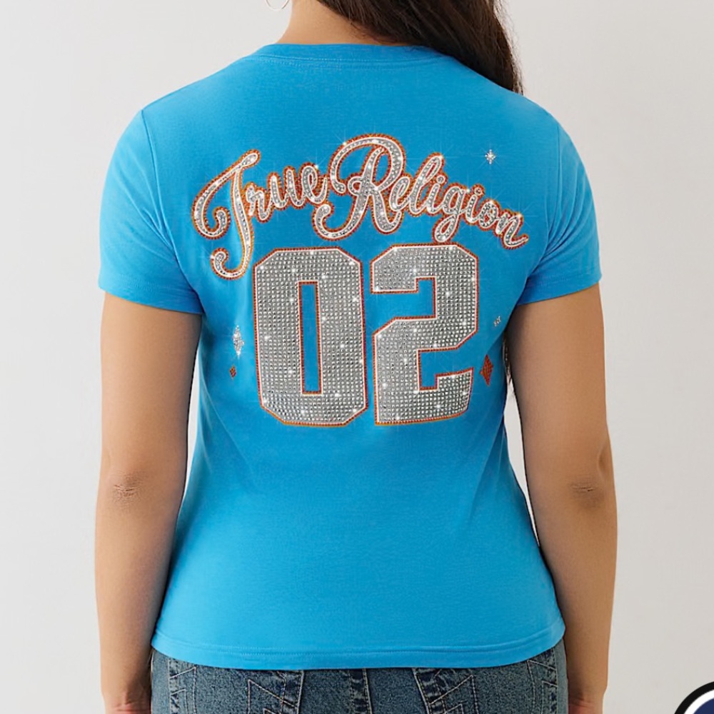 True Religion Women's Sporty Crystal V-Neck T-Shirt Small